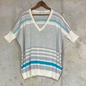 Autumn cashmere retro inspired ivory blue loose fit v neck short sleeve sweater